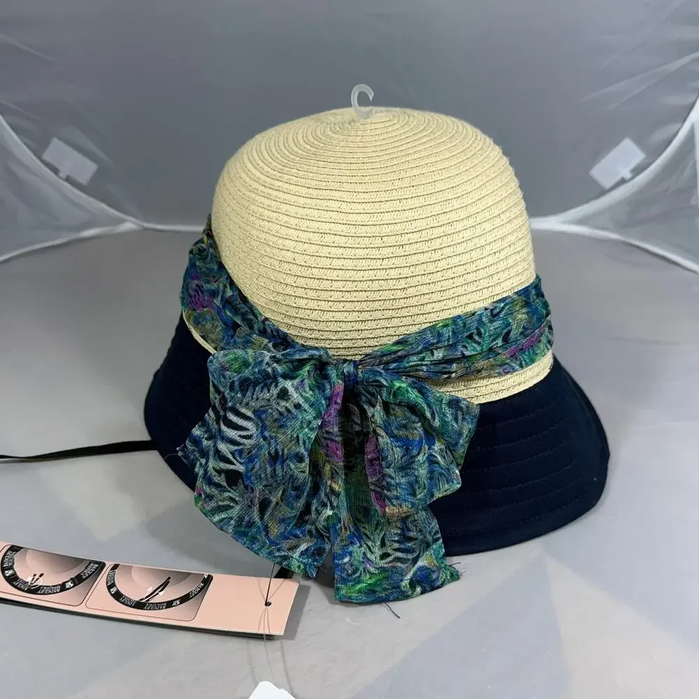 Badgley Mischka Straw Bucket Hat Navy Natural Scarf Band NWT OS